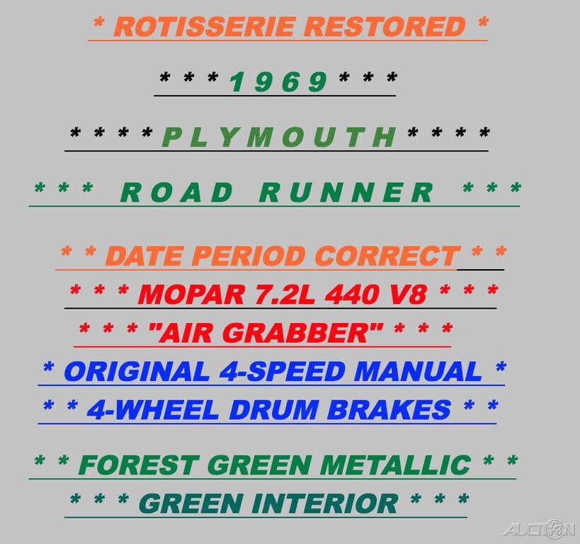 1969 Plymouth Road Runner 440 V8 / 4-SPD / Rotisserie Restored